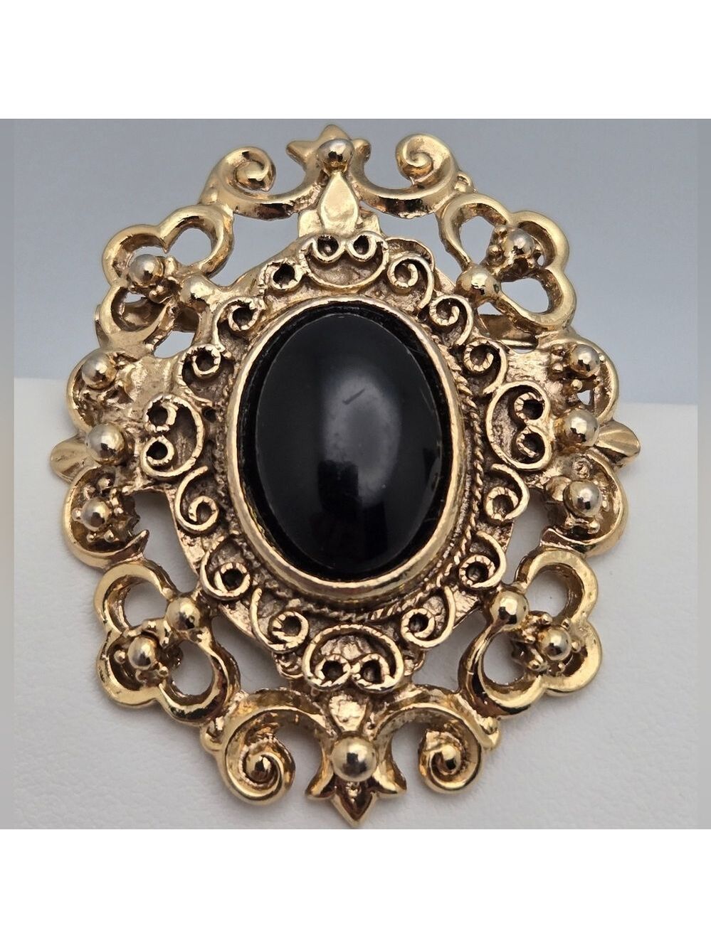 Vintage Gold-Tone Filigree Brooch Black Oval Cabochon Gothic & Victorian Style